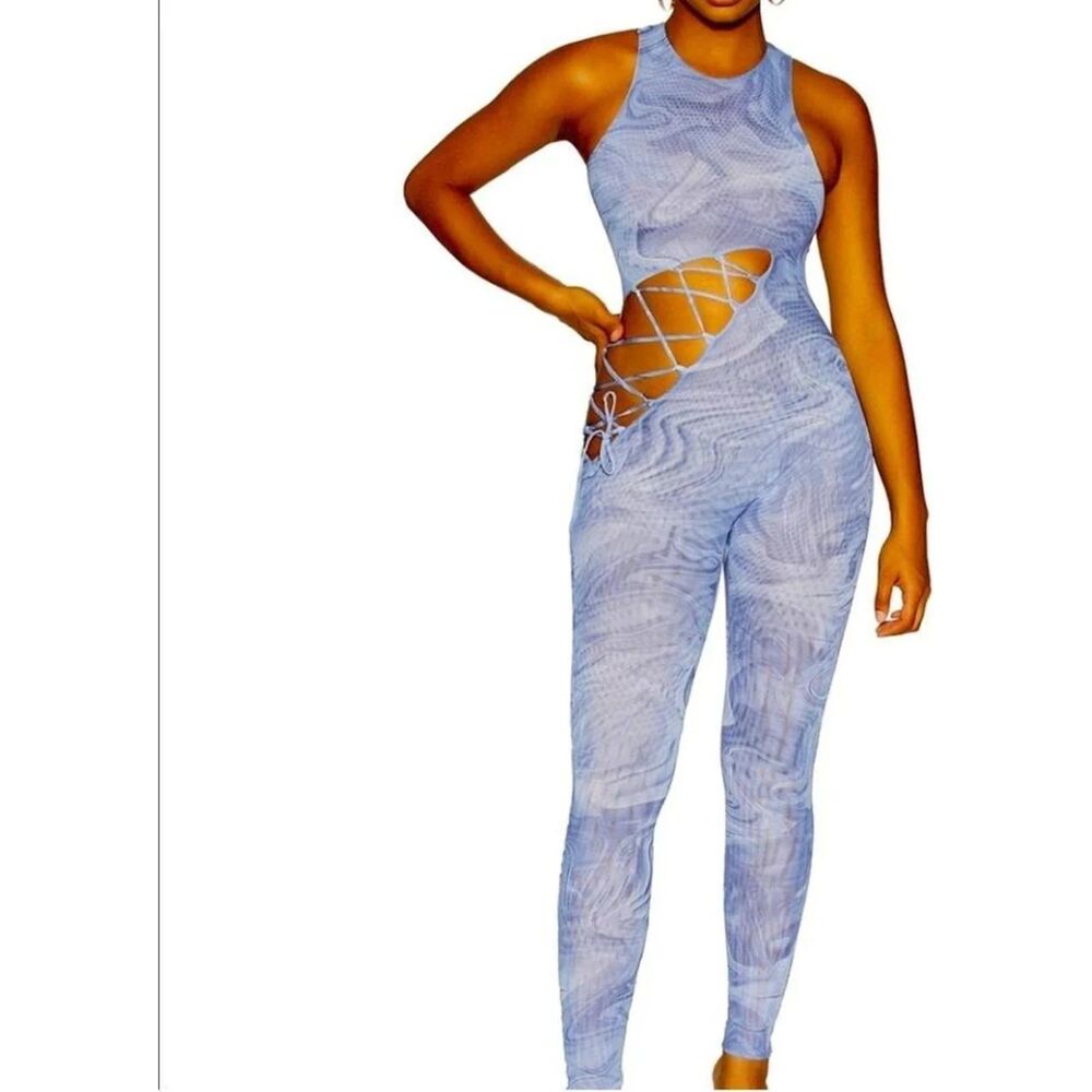 Naked Wardrobe Blue Smoke Marble Ruched Mesh Sleeveless Tank Jumpsuit L